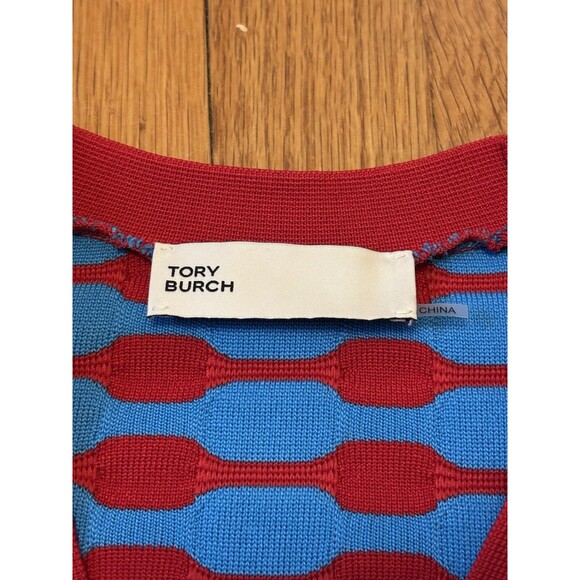 Tory Burch Bubble Stripe Cardigan Sweater Maraschino Red Candy Blue M - Picture 3 of 8